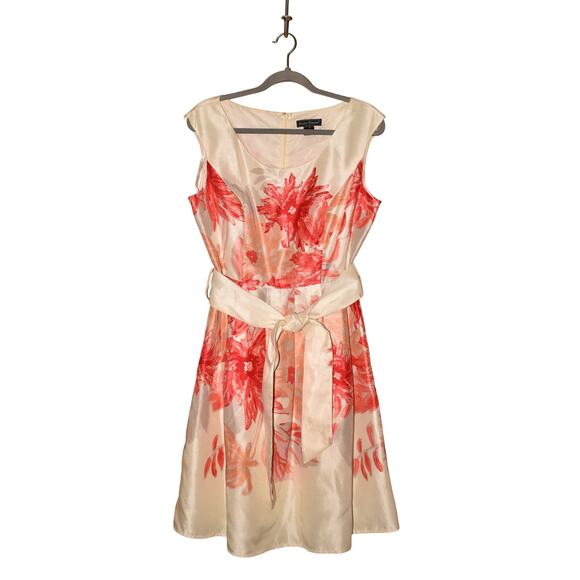 JESSICA HOWARD $169 Ivory Pink Floral Textured Fit &‎ Flare Belted Dress Size 12 - Picture 1 of 4